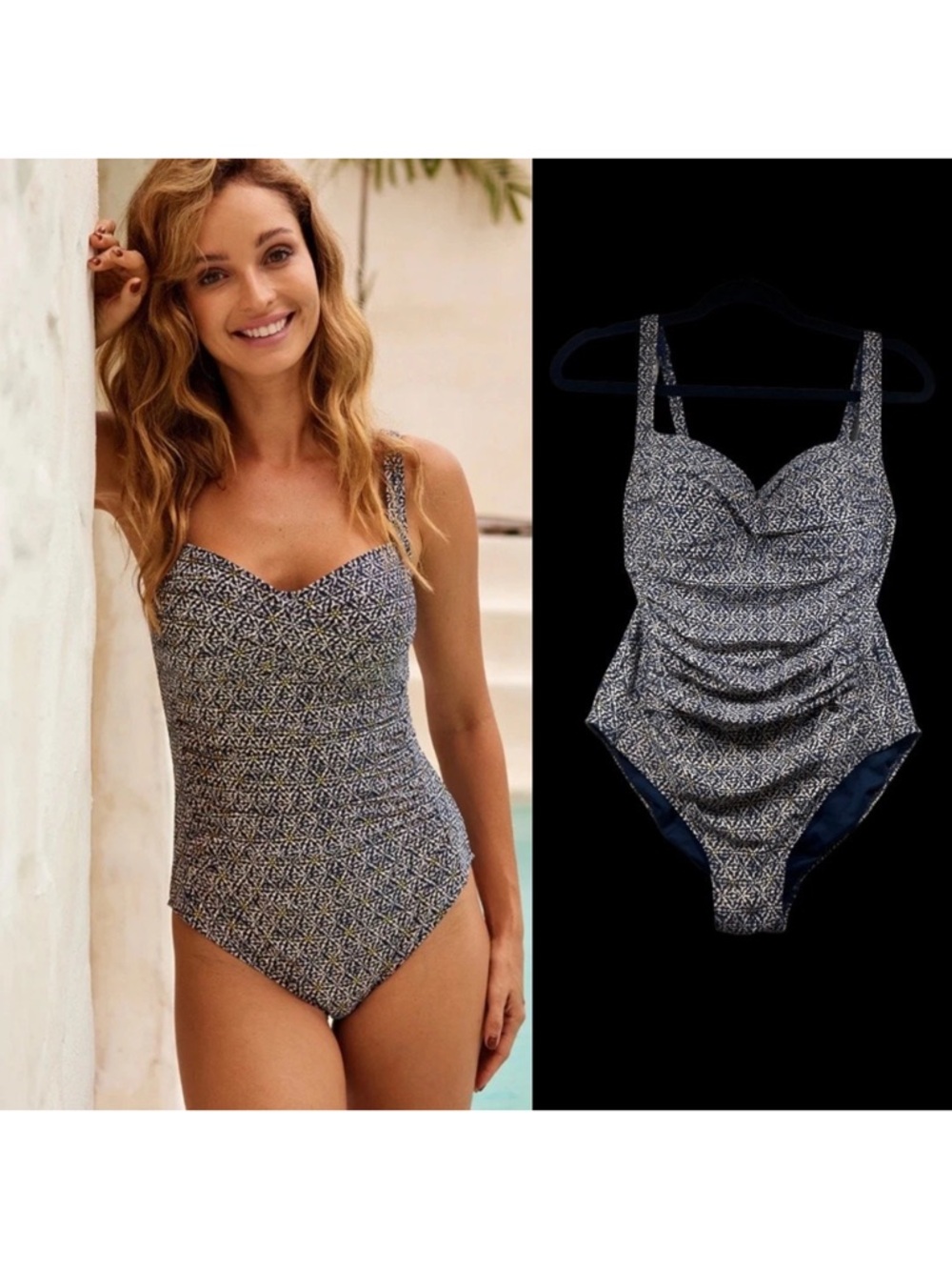 Nip Tuck One Piece Swimsuit Womens 12 Navy Blue Gold Joanne Twist Front New!